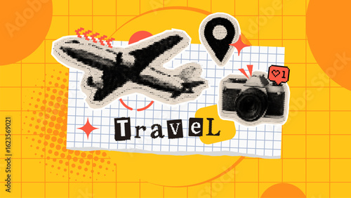 Halftone collage of a plane, camera, and map pin on grid paper, creating a travel concept for web design.