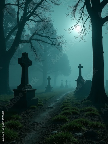 Wallpaper Mural Foggy graveyard scene at night with crosses and eerie moonlight, perfect for Halloween. funeral Torontodigital.ca