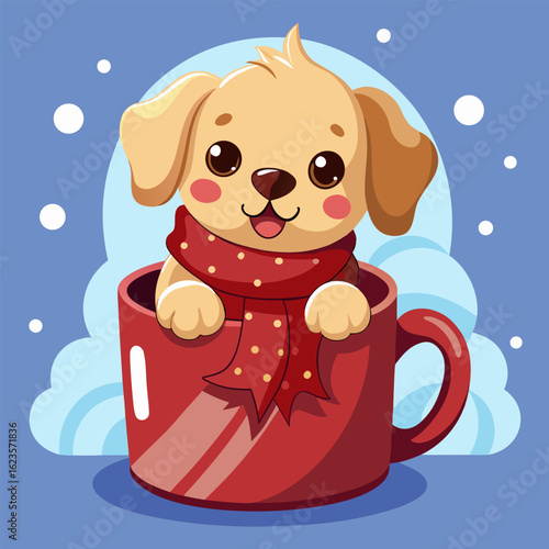 A tiny golden retriever puppy peeking out of a warm cocoa mug covered in chocolate drips and marshmallows. The puppy wears a knitted red scarf and licks whipped cream from its nose. 