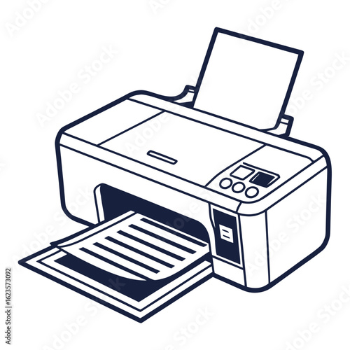 Inkjet printer printing documents with paper feed tray. Vector