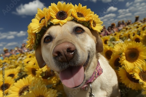 Happy Labordor wearing a sunflower crown in a field of flowers 