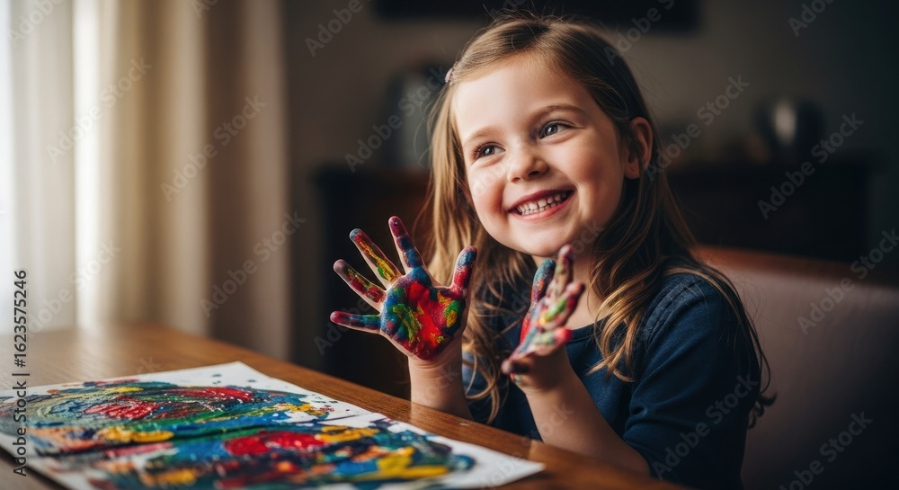 Fototapeta premium Happy child with painted hands at table