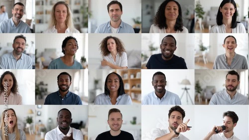 Diverse people smiling and interacting in video conference grid