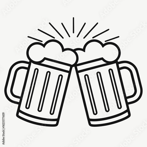 Two outline beer mugs with foamy heads clinking together in a celebratory toast