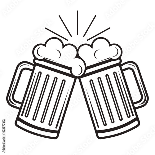 Two frothy beer mugs clinking together in a celebratory toast with radiating lines