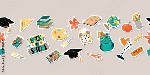 Back to school border with school supplies. Books, backpack, pencil case, student's cap, apple, maple leaf, lamp, globe, alarm clock. Horizontal banner with cartoon collage elements. Vector design.