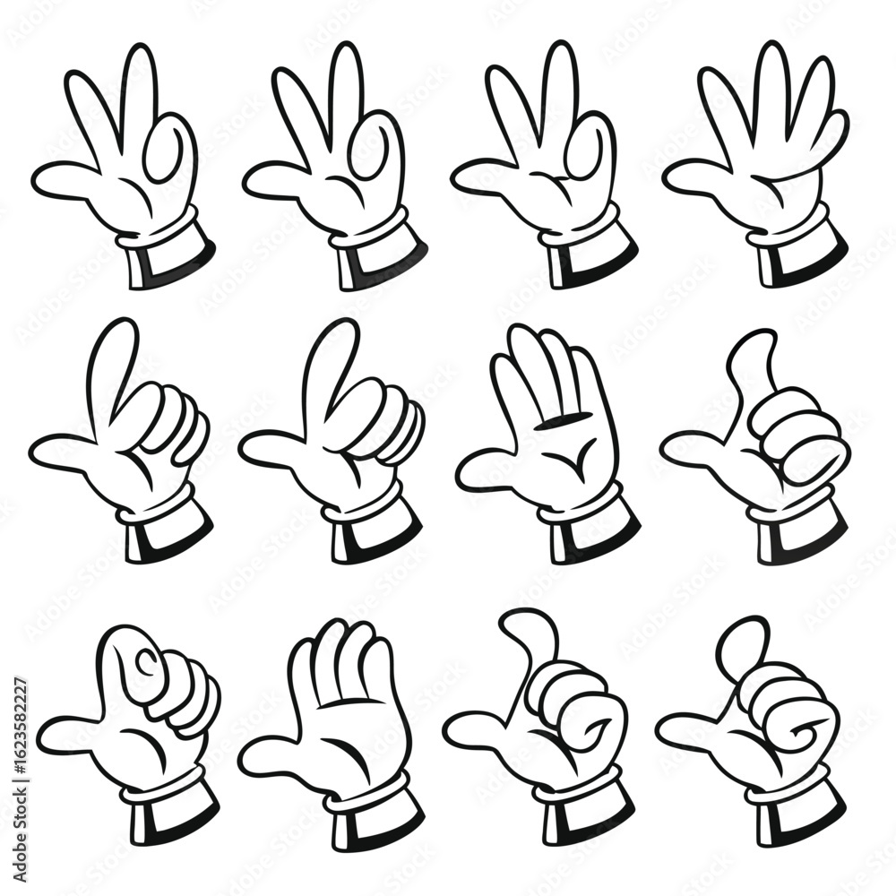 Fototapeta premium Cartoon hand gestures collection in black and white illustrating various hand poses and symbolic communications for digital design