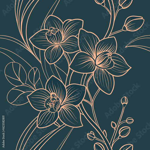 Elegant floral design featuring orchids with delicate line art on a dark teal background