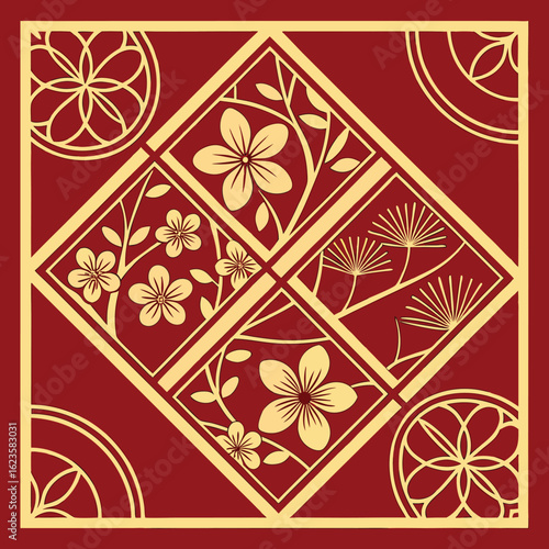 Elegant geometric floral pattern design featuring blossoms and detailed decorative borders in a luxurious color scheme
