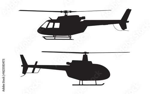 Two black helicopter silhouettes against white background rotorcraft aircraft