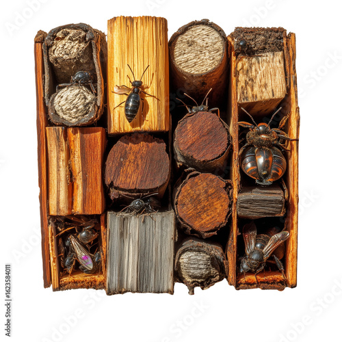 Macro photography of insect house with bees and beetles made of natural wood isolated on transparent background