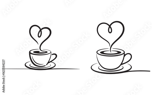 Two cups of coffee with heart shaped steam saucer