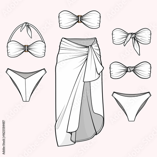 Bikini and sarong set with mix-and-match bandeau, halter, and tie-top options. Perfect for summer fashion, resort wear, and swimwear design. Editable vector.