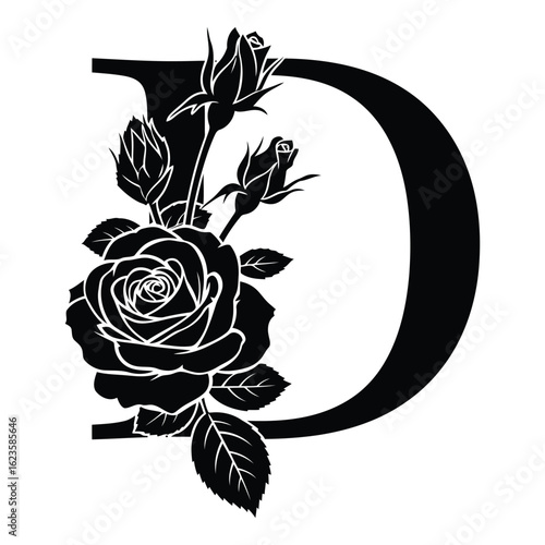 Elegant Letter D Monogram with Roses in Black and White Floral Design for Branding and Decoration Projects