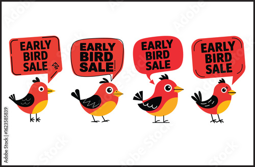 Early Bird Sale Cartoon Birds with Speech Bubbles Vector Set