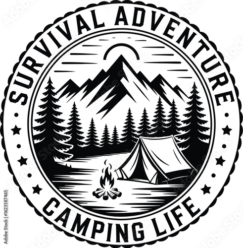 Retro-style circular logo depicting a mountain camping scene with a tent and campfire, symbolizing outdoor adventure and survival.