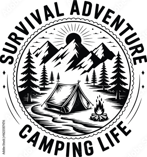 Vintage black and white circular logo for survival adventure and camping life, featuring a mountain landscape with a tent and campfire illustration.