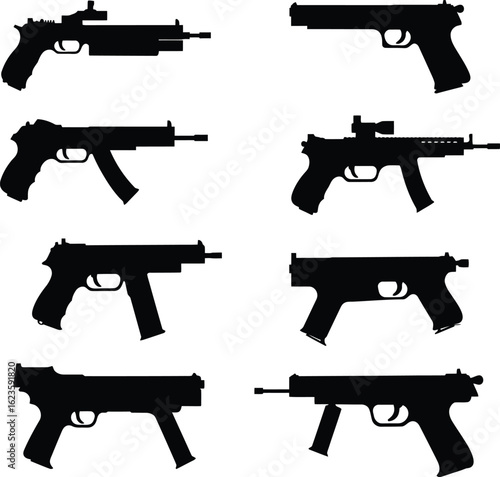 Sidearm Handgun and Pistol Vector Illustrations. A modern collection of firearm silhouettes, perfect for military, police, crime, and security concepts.