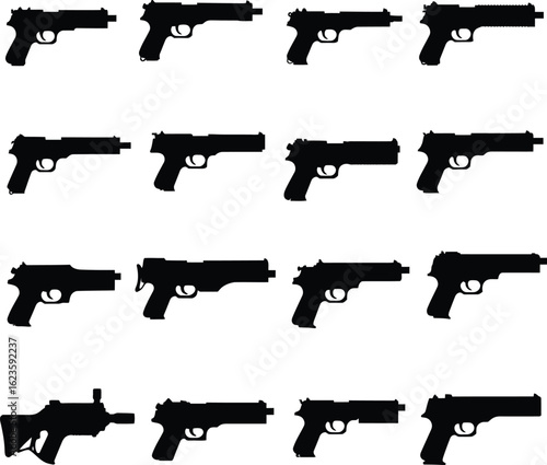 Silencer Pistol and Handgun Vector Illustration Set. A collection of modern firearm silhouettes, perfect for law enforcement, crime, security, and game design concepts.