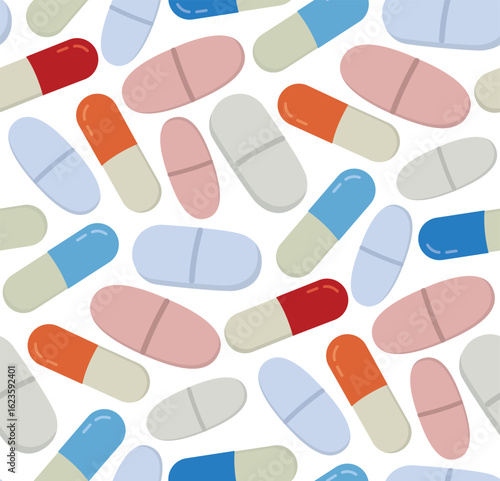 Colorful medical background with pills. Seamless pattern with pills and capsules