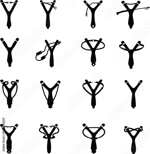 Slingshot Vector Illustration Set: Black and White Design Elements for Outdoor Games, Hunting, and Recreation. A unique collection of catapults.