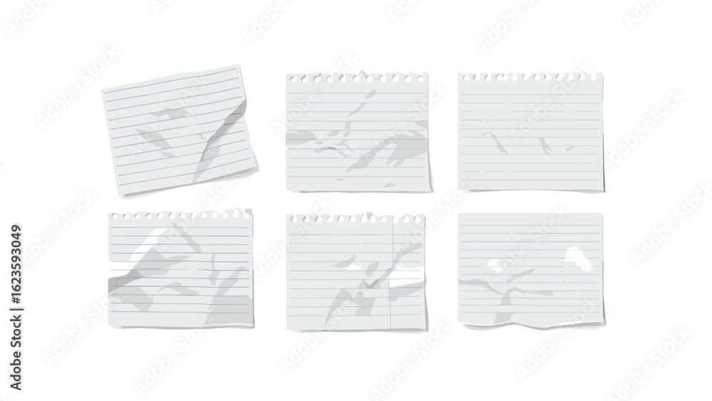 Six torn and crumpled lined paper pieces on white background on transparent background
