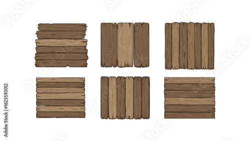 Collection of six cartoon wooden planks on transparent background