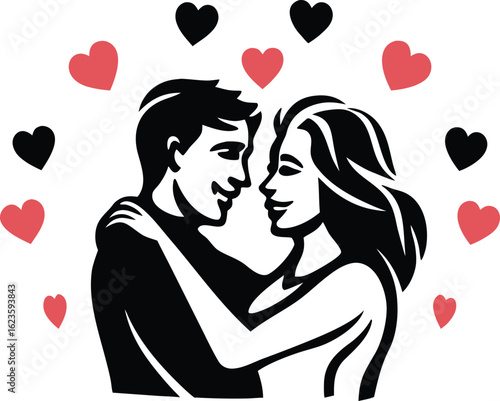 Romantic Couple Silhouette with Hearts