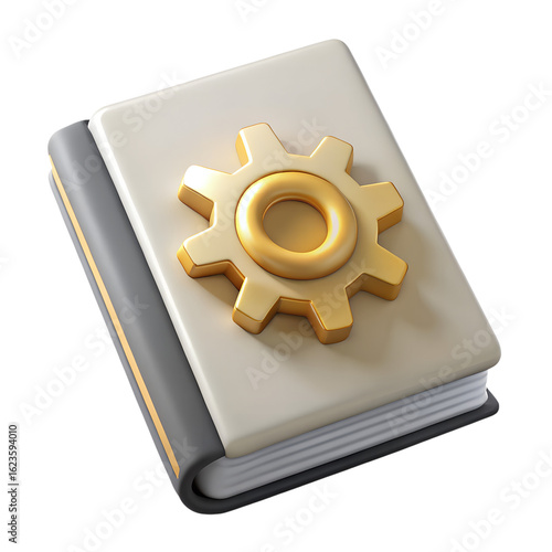 3D Render:  Gold Gear on Grey and White Book;  Modern, Clean, Technical Manual Concept.