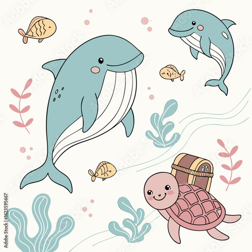 Adorable underwater world illustration featuring whales, dolphins, fish, sea turtle, and decorative seaweed elements.