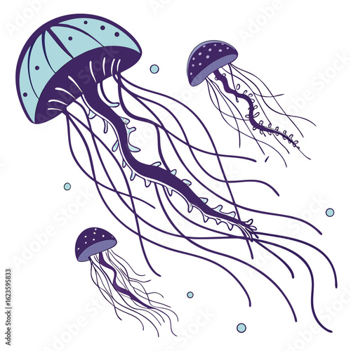Artistic illustration of three stylized jellyfish in shades of purple and teal swimming on a white background.