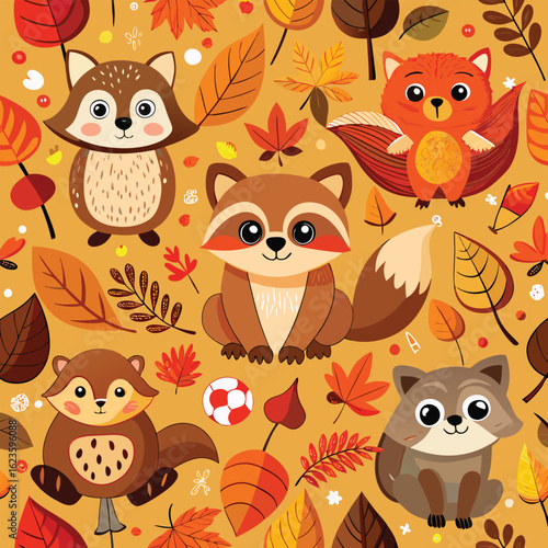 Charming autumn forest friends in a seamless pattern featuring cute cartoon raccoons, squirrels, and colorful fall leaves