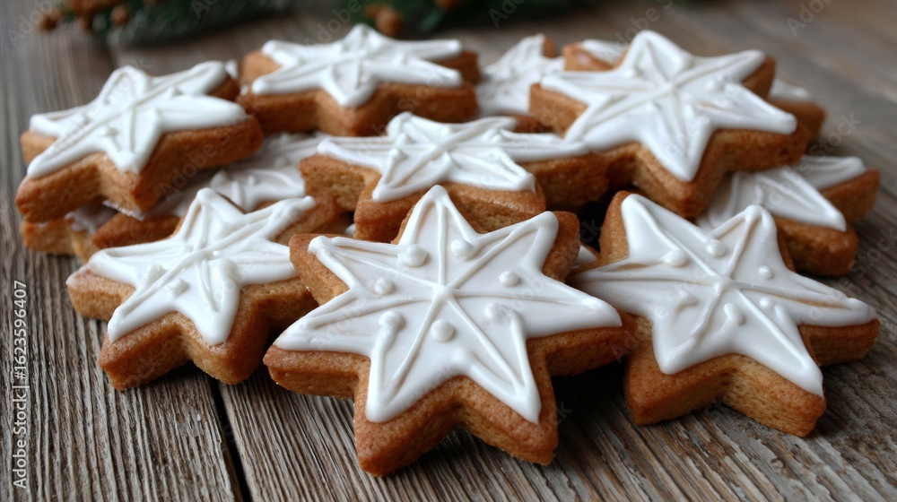 Fototapeta premium Cinnamon stars icing resting on wooden table for christmas holidays
