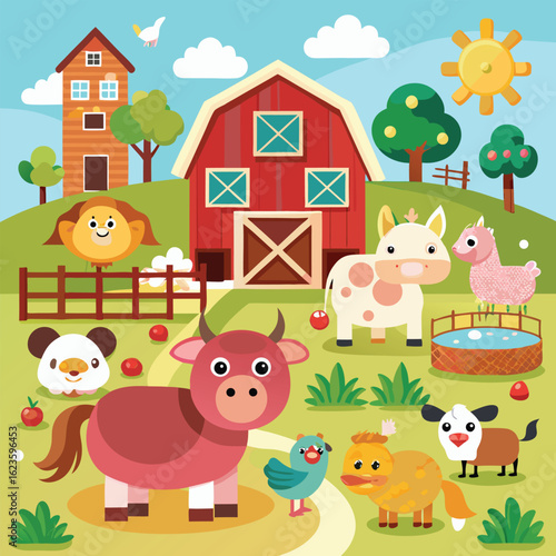 Colorful farm animals and barnyard scene a delightful illustrated landscape of countryside nature and joyful creatures