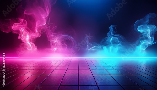 pink blue neon smoke studio floor background
