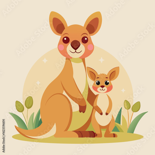Cute illustrated kangaroo and joey in a calm and delightful setting depicting the joy of motherhood and australian wildlife
