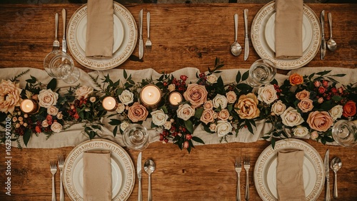 Overhead view of a beautifully decorated table setting with floral arrangements and candles centered