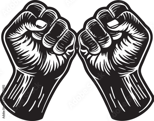A striking black and white illustration of two clenched fists raised in a gesture of protest or unity, isolated on a white background.