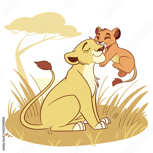 Loving lioness and cub a heartwarming illustration of parental affection and playful interaction in the african savannah
