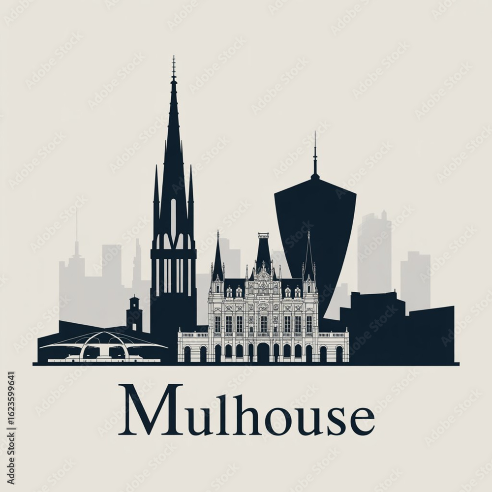 custom made wallpaper toronto digitalMulhouse Skyline Silhouette - Historic Alsace City in France Vector Illustration in Black and White