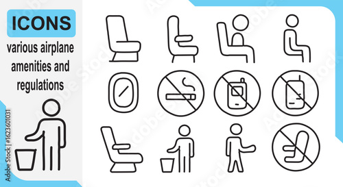 Airplane Amenities and Regulations Icons Set With Seats and Signs vector illustration