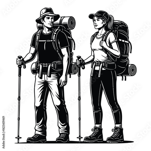 Hiking Couple Adventure Vector Illustration Trekking Explorers Black and White Outing Graphic Design Element Outdoor Lifestyle Togetherness and Exploration