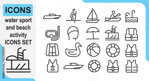 Water Sport and Beach Activity Icons Set With Boats and Life Jackets vector illustration