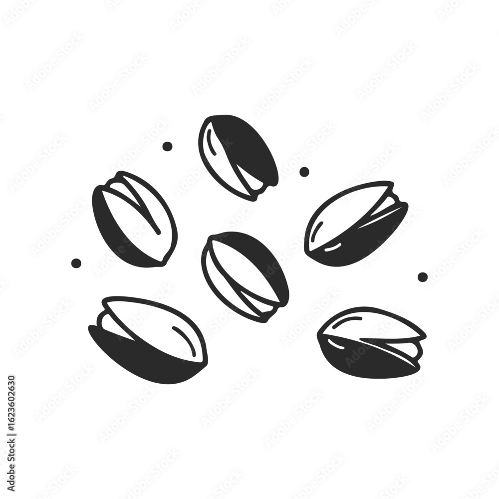 Fototapeta premium Black and white illustration of pistachio nuts on white background