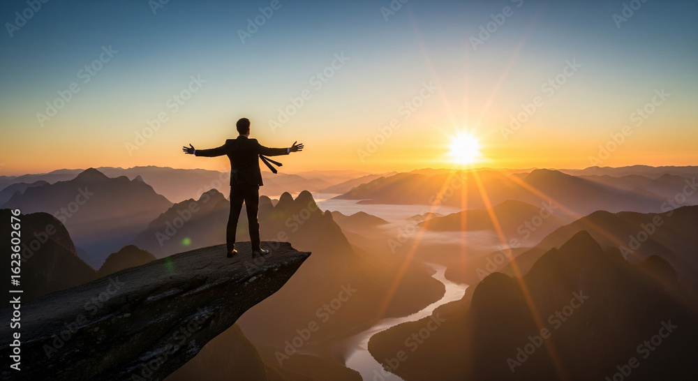 Fototapeta premium Businessman stands at cliff edge with arms open, sunrise in background. Symbol of ambition, freedom, and risk.