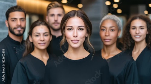 Wallpaper Mural A group of cheerful and confident beauty professionals standing together in a modern salon, wearing matching black uniforms Torontodigital.ca