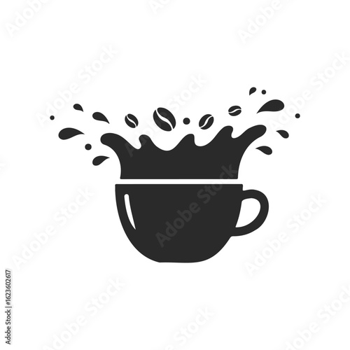 Silhouette of coffee cup with splashes and coffee beans