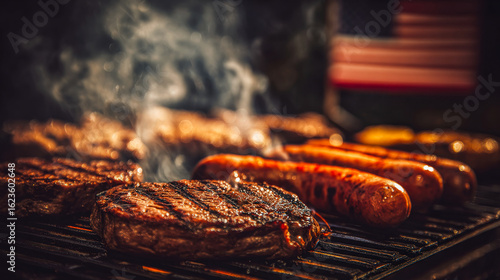 Smoke rises from sizzling steaks and sausages on a grill, with a faded American flag in the background. A classic celebration of patriotism, flavor, and summer barbecue tradition.