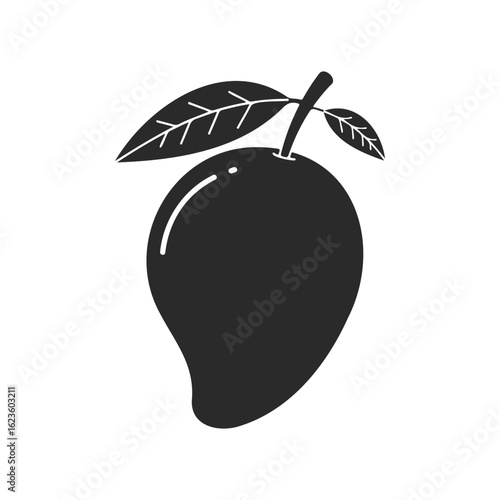 Black silhouette of mango with leaves on white background