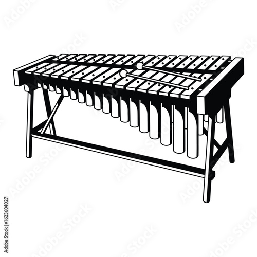 Isolated black and white xylophone image with mallets for music instrument concepts and orchestral band themes with percussion performance potential